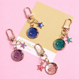 Alloy Enamel Pendant Keychains, with Alloy Clasps, Flat Round with Moon & Star