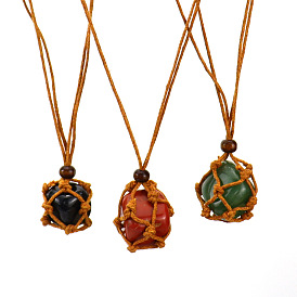 Hand-Woven Natural Gemstone Adjustable Pendant Necklace