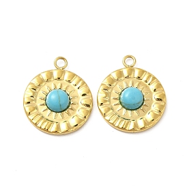Natural Turquoise Pendants, Flat Round Charms, with Vacuum Plating Real 18K Gold Plated 201 Stainless Steel Findings