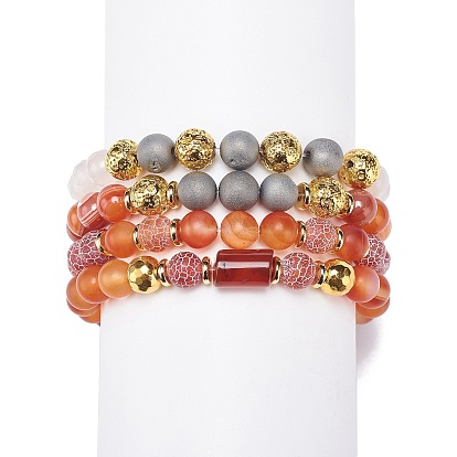 4Pcs 4 Style Mixed Natural Agate Beaded Stretch Bracelets Set, Gemstone Jewelry for Women