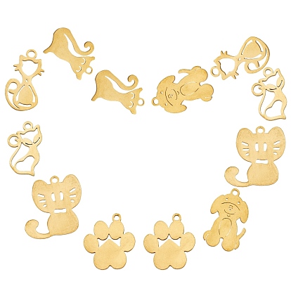 12Pcs 6 Styles 201 Stainless Steel Kitten Pendants, Laser Cut Pendants, Animal
