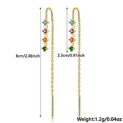 925 Sterling Silver Chains Ear Thread, Colorful Cubic Zirconia Stud Earrings