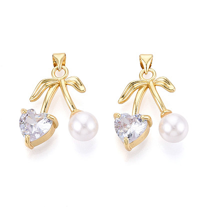 Латунные микро проложить кубического циркония подвески, без кадмия, без никеля и без свинца, вишня и сердце, с ABS имитации жемчуга