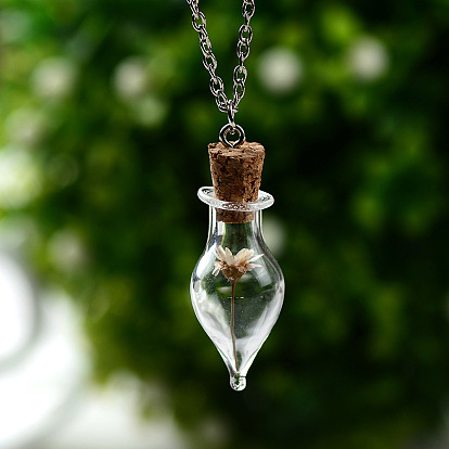 Dried Flower Inside Glass Wish Bottle Pendant Necklaces, Platinum Alloy Jewelry for Women