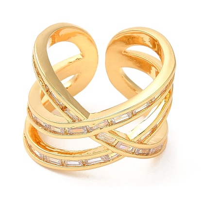 Rack Plating Bras Criss Cross Open Cuff Ring with Cubic Zirconia, Lead Free & Cadmium Free