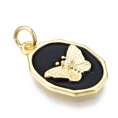 Brass Micro Pave Clear Cubic Zirconia Enamel Pendants, with Jump Ring, Cadmium Free & Nickel Free & Lead Free, Real 16K Gold Plated, Oval with Butterfly