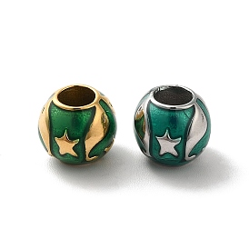 304 Stainless Steel Enamel European Beads, Large Hole Beads, Rondelle with Dolphin & Starfish Pattern