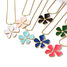 Golden Ion Plating(IP) 304 Stainless Steel Enamel Flower Pendant Necklaces, Round Snake Chain Necklaces for Women, Golden