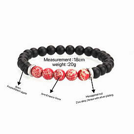 8MM Natural Gemstone and Frosted Black Round Beaded Stretch for Men, Silver Color Plated