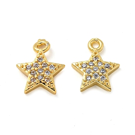 Rack Plating Brass Micro Pave Clear Cubic Zirconia Charms, Long-Lasting Plated, Cadmium Free & Lead Free, Star