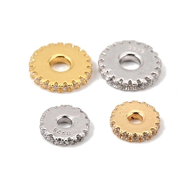 925 Sterling Silver Micro Pave Clear Cubic Zirconia Beads, Rack Plating, Long-Lasting Plated, Disc, with 925 Stamp