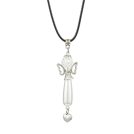 Acrylic Imitation Pearl & Glass Alloy Wing Angel Pendant Necklaces, Waxed Cotton Cord Necklaces