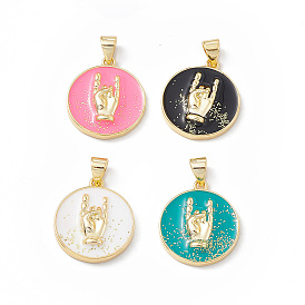 Rack Plating Brass Enamel Pendants, with Glitter Powder, Long-Lasting Plated, Real 18K Gold Plated, Flat Round with Rock Hand Gesture Charm