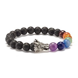 Natural Lava Rock Round Beads Stretch Bracelet, 7 Chakra Jewelry with Dragon Beads for Women
