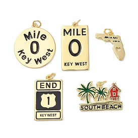 Rack Plating Brass Enamel Pendants, with Jump Ring, Long-Lasting Plated, Cadmium Free & Lead Free, Real 18K Gold Plated, Coconut Tree/Rectangle/Flat Round with Word