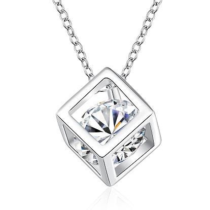 Silver Color Plated Brass Cubic Zirconia Cube Pendant Necklace, with Cable Chains