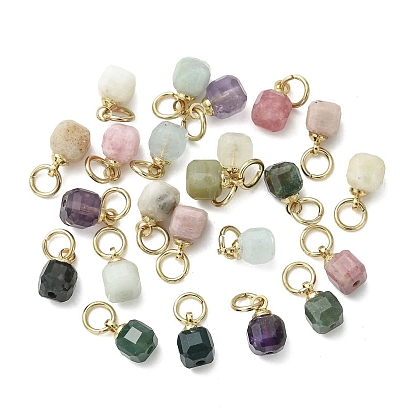 Natural Mixed Gemstone Pendants, Faceted Table Cut Cube Charms with 304 Stainless Steel Loops, Mixed Color, Mixed Dyed and Undyed