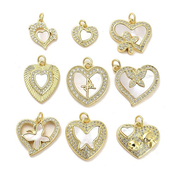 Brass Micro Pave Clear Cubic Zirconia Pendants, Cadmium Free & Lead Free, with Shell, Jump Rings, Real 18K Gold Plated