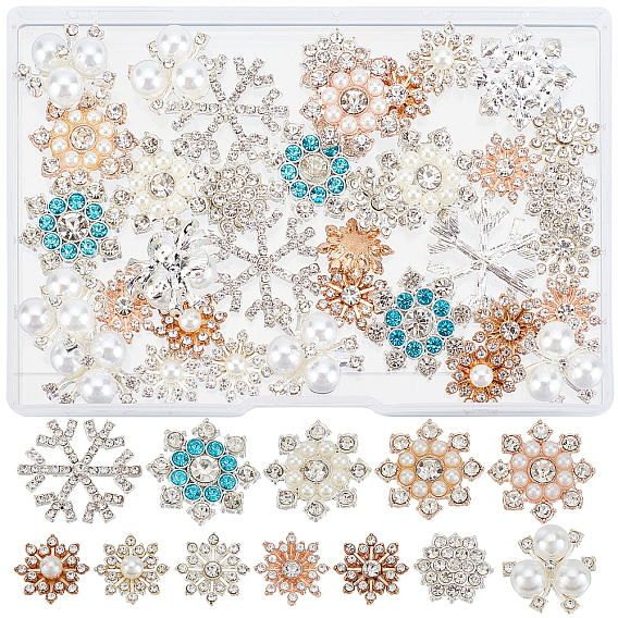 48Pcs 12 Style Alloy Cabochons, with Plastic Imitation Pearl & Crystal Glass Rhinestone, Mixed Shape