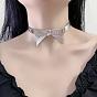 Cool Leather Choker Necklace with Silver Rhinestone Butterfly Bow - Trendy