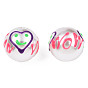ABS Plastic Imitation Pearl Beads, with Enamel, Round with Heart & Word Wow