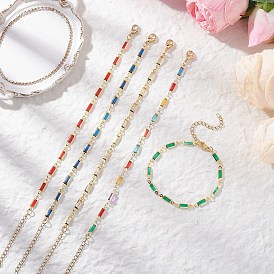 Браслеты из латунных стеклянных прямоугольных цепочек для женщин, с 304 фурнитурой из нержавеющей стали