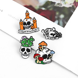 Halloween Skull Enamel Pin & Mushroom Cactus Candle Brooch Set