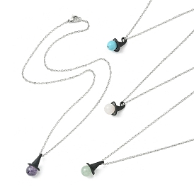 Natural & Synthetic Mixed Gemstone Witch Hat Pendant Necklace, 304 Stainless Steel Necklace for Women