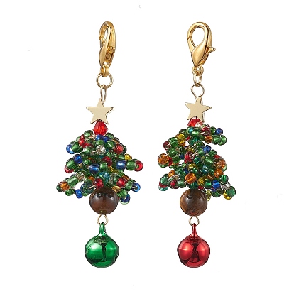 Christmas Tree Glass Seed Beads & Natural Tiger Eye Pendant Decorations, Lobster Claw Clasps and Brass Bell Charms for Bag Ornaments
