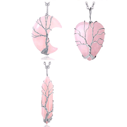 3Pcs 3 Style Heart & Moon & Bullet Natural Rose Quartz Pendant Necklaces Set, with Alloy Tree of Life Wire Wrapped