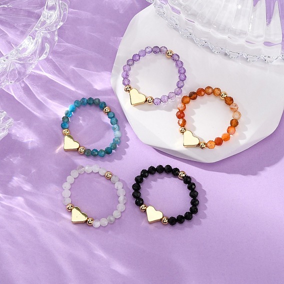 Gemstone Finger Rings, Heart, with Elastic Crystal Thread & Brass Beads & Natural Stone Beads