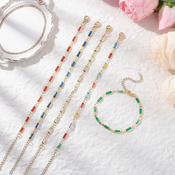 Браслеты из латунных стеклянных прямоугольных цепочек для женщин, с 304 фурнитурой из нержавеющей стали