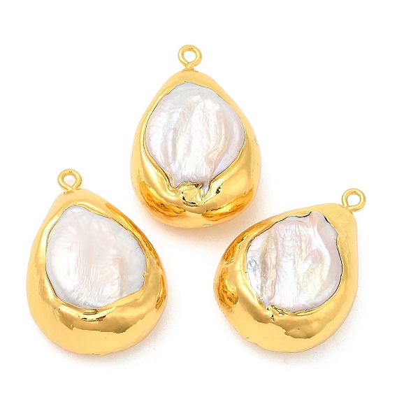 Golden Plated Brass Pendants, Baroque Style Natural Keshi Pearl Teardrop Charms, Long-Lasting Plated