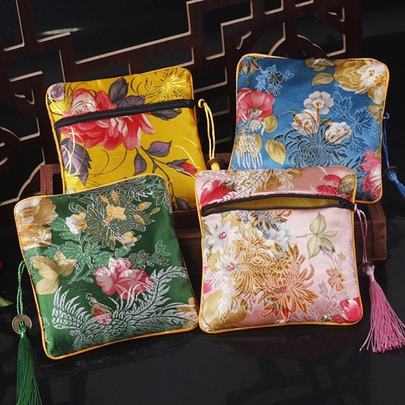 Bolsas cuadradas de borlas de tela de estilo chino, con la cremallera, Para la pulsera, Collar
