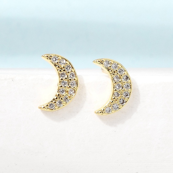 Moon Brass Micro Pave Cubic Zirconia Stud Earrings for Women, Rack Plating, Long-Lasting Plated, Cadmium Free & Lead Free, Real 18K Gold Plated