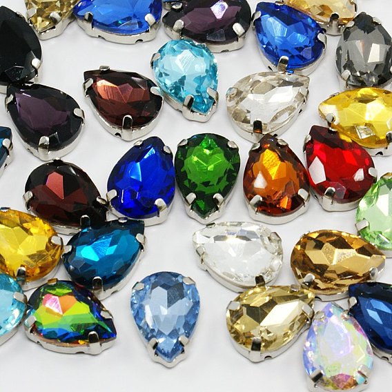 Шить на горный хрусталь, многожильных ссылки, стекло горный хрусталь, с настройками латуни, граненые, капля, Платиновый металл