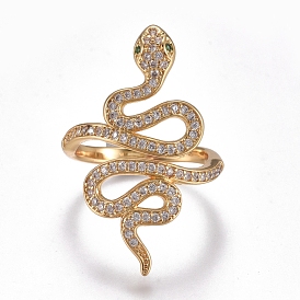 Brass Micro Pave Cubic Zirconia Cuff Rings, Open Rings, Wide Band Rings, Long-Lasting Plated, Snake
