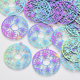 Ion Plating(IP) 201 Stainless Steel Filigree Pendants, Etched Metal Embellishments, Flat Round with Flower