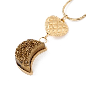 Natural Quartz Heart with Moon Pendant Necklace with 304 Stainless Steel Snake Chain, Druzy Gemstone Jewelry for Women, Golden