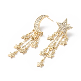 Clear Cubic Zirconia Moon & Star Asymmetrical Earrings, Brass Tassel Dangle Stud Earrings for Women, Cadmium Free & Lead Free