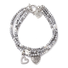 Cube Electroplated Synthetic Non-magnetic Hematite & Natural Pearl Multi-strand Beaded Bracelets, 304 Stainless Steel Heart Charm Bracelets for Women