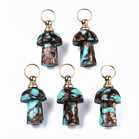 Assembled Natural Bronzite and Synthetic Turquoise Openable Perfume Bottle Pendants, with Light Gold Brass Findings, Dyed, Mushroom