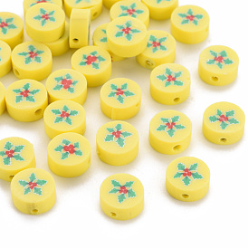 Handmade Polymer Clay Beads, Flat Round with Christmas Holly Leaves