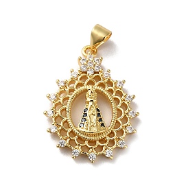 Rack Plating Brass Micro Pave Clear Cubic Zirconia Pendants, Long-Lasting Plated, Lead Free & Cadmium Free, Flower with Saint Charm