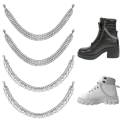 4шт. 2 стили многослойных цепочек для ботинок из железа, с застежками в виде клешней лобстера и пластиковой имитацией жемчуга