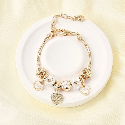 Сплав эмаль европейские бусины браслеты с подвесками, браслеты из змеиной цепи для женщин, сердце, со смолевыми бусинами, без свинца и без кадмия