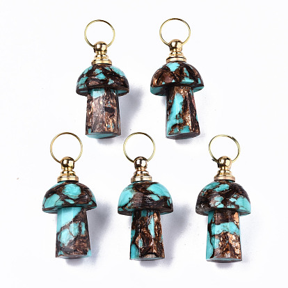 Assembled Natural Bronzite and Synthetic Turquoise Openable Perfume Bottle Pendants, with Light Gold Brass Findings, Dyed, Mushroom