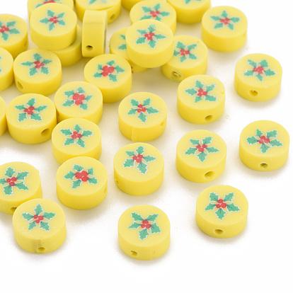 Handmade Polymer Clay Beads, Flat Round with Christmas Holly Leaves