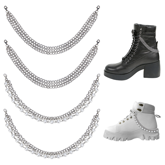 4шт. 2 стили многослойных цепочек для ботинок из железа, с застежками в виде клешней лобстера и пластиковой имитацией жемчуга