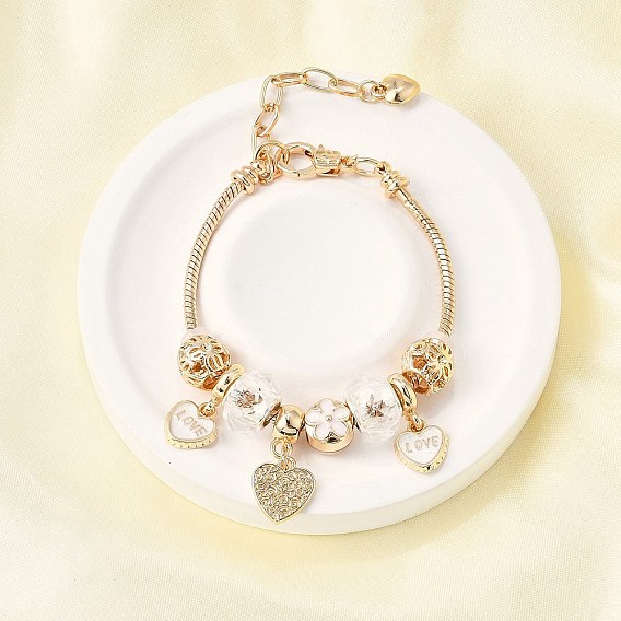 Сплав эмаль европейские бусины браслеты с подвесками, браслеты из змеиной цепи для женщин, сердце, со смолевыми бусинами, без свинца и без кадмия